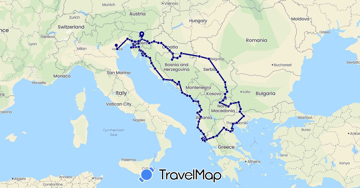 TravelMap itinerary: driving in Albania, Bosnia and Herzegovina, Bulgaria, Greece, Croatia, Italy, Montenegro, Macedonia, Serbia, Slovenia (Europe)